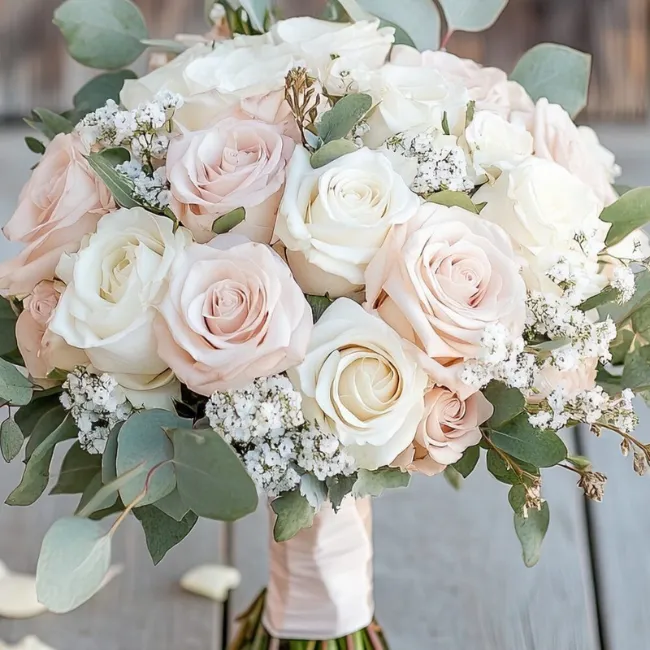 Bouquet rond blanc et rose pour marié